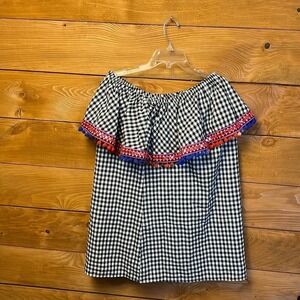 America & Beyond‎ Womens Black White Gingham Pom Trim Off Shoulder Top Lg artsy
